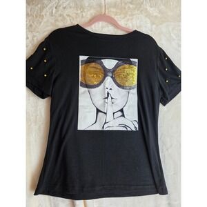 DESION Black Graphic Tee Shh Sunglasses Sequins Pearl Embellished Shirt Size M